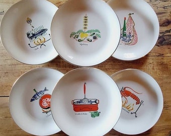 6 assiettes MCM françaises uniques Mer & Rivière vintage des années 1950, thèmes barbecue de poisson. Vaisselle d'été. Cadeau pour les amateurs de cuisine de poisson