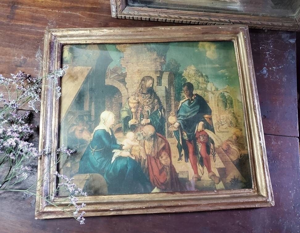 Vintage French Nativity Print: Bouasse Jeune, Three Wise Men, Rustic Gold Frame