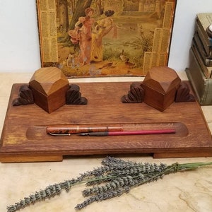 Vintage Französischer Tintenständer mit 2 Tintenfässern Großes Rechteck Holzschild Bürodekoration. Handgefertigte Holz Tintenschreibe Schreibtisch Zubehör