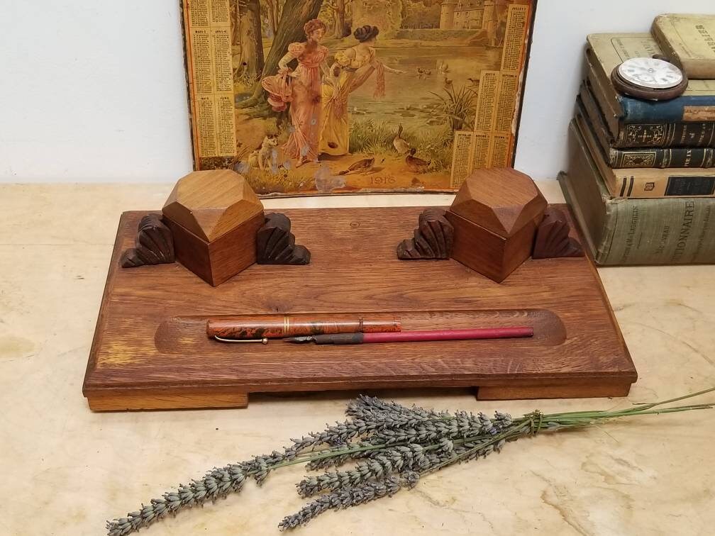 Vintage Français Ink Stand avec 2 Puits d'encre Grand Rectangle Plaque de Bois Décoration Bureau. Ac
