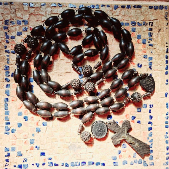 Antique French Wood Rosary: Notre Dame De Lourdes Religious