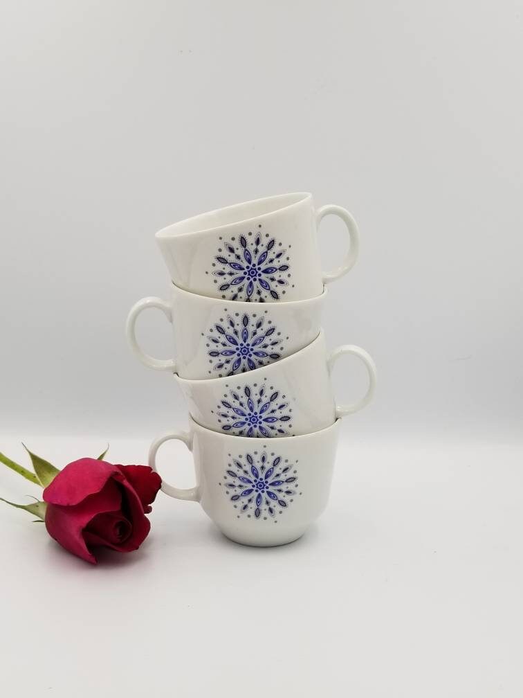 Vintage 4 Bavière Allemagne Bareuther Waldsassen Porcelaine Demi Tasse avec Motif Circulaire Bleu, S