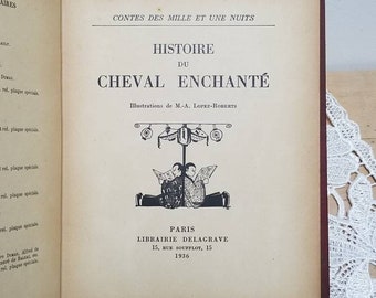 May include: A vintage book cover with the title "Histoire du Cheval Enchanté" from the "Contes des Mille et Une Nuits" series. The cover features a black and white illustration of two people reading books.