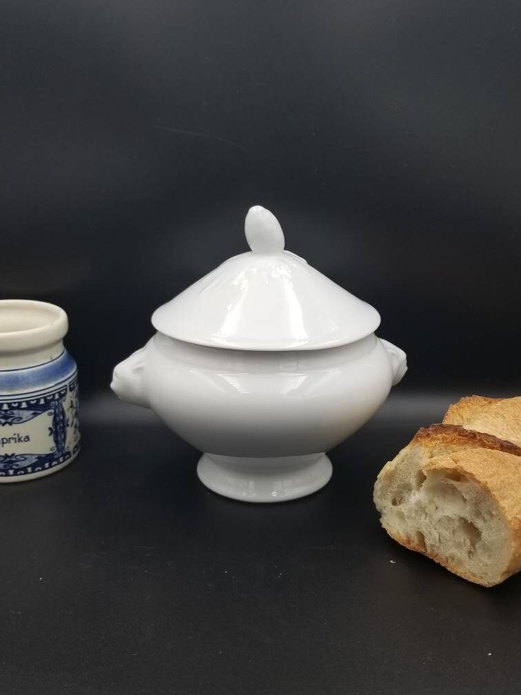 Vintage Français Bol à Soupe Traditionnel en Porcelaine Tête de Lion Portion Unique avec Couvercle P