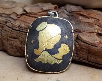 Sweet Vintage French Pendant with Image of Baby Jesus and an Angel. Mother and Child. Gold and Black. Infantinesque Art Style