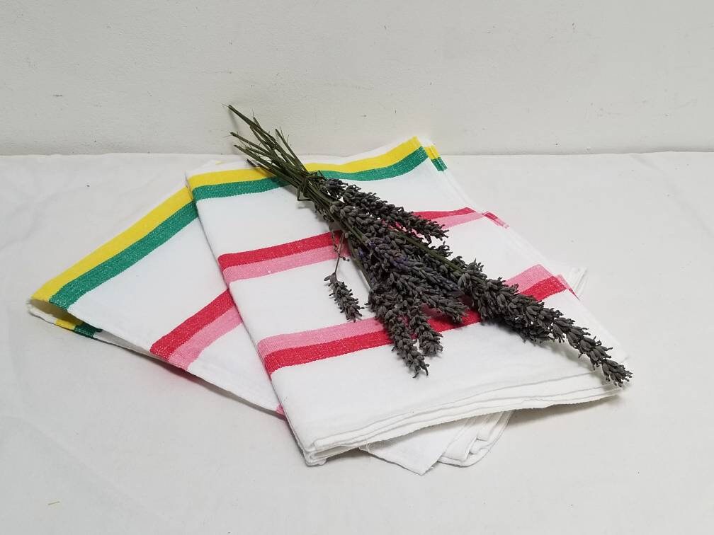 Vintage Français Paire de Torchons en Coton Blanc avec Bande Colorée Vintage Home Linen.