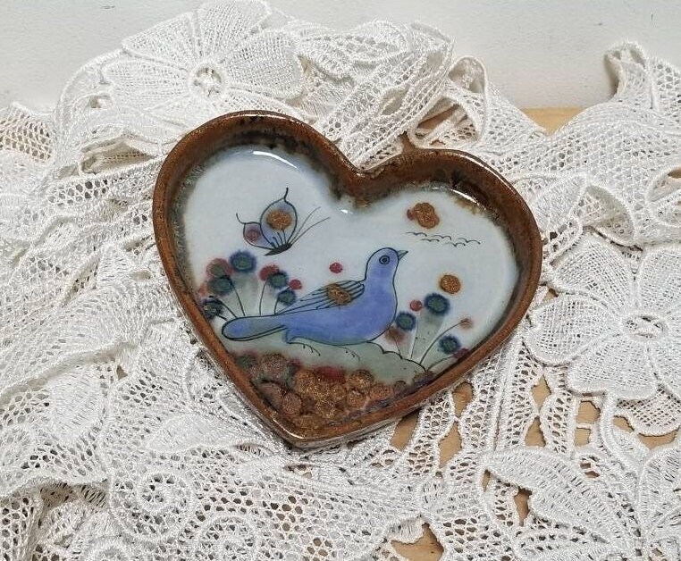 Vintage Mexicain Ken Edwards Tonala El Palomar' Céramique Folk Art Forme de Cœur Bibelot Plat Oiseau