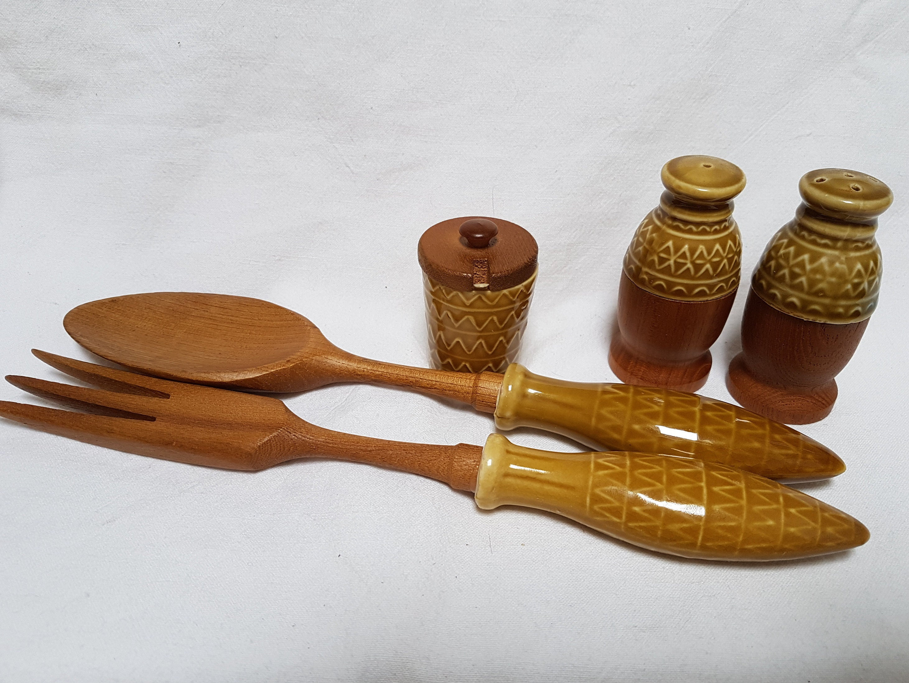 Nouvel Ensemble de Service Salade Vintage avec Boîte Originale. Bois Poignées en Céramique et Access