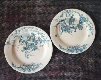 Antique 19th Century French Blue Transferware Plates: Jules Vieillard 'Artisans' Ironstone