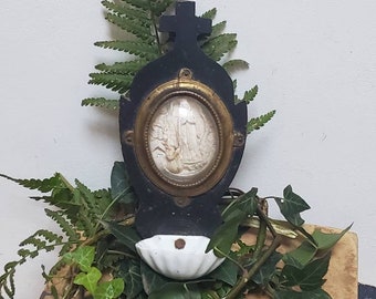 Antique French Napoleon III 1800 Wood Font With Domed Plaster Meerschaum Image Of The Visitation At Lourdes. The Madonna and St Berndadette