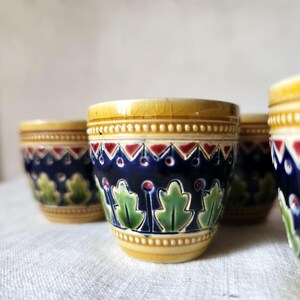 Vintage French Ceramic Shot Cups, Blue Oak Leaf Detail, Set of 6