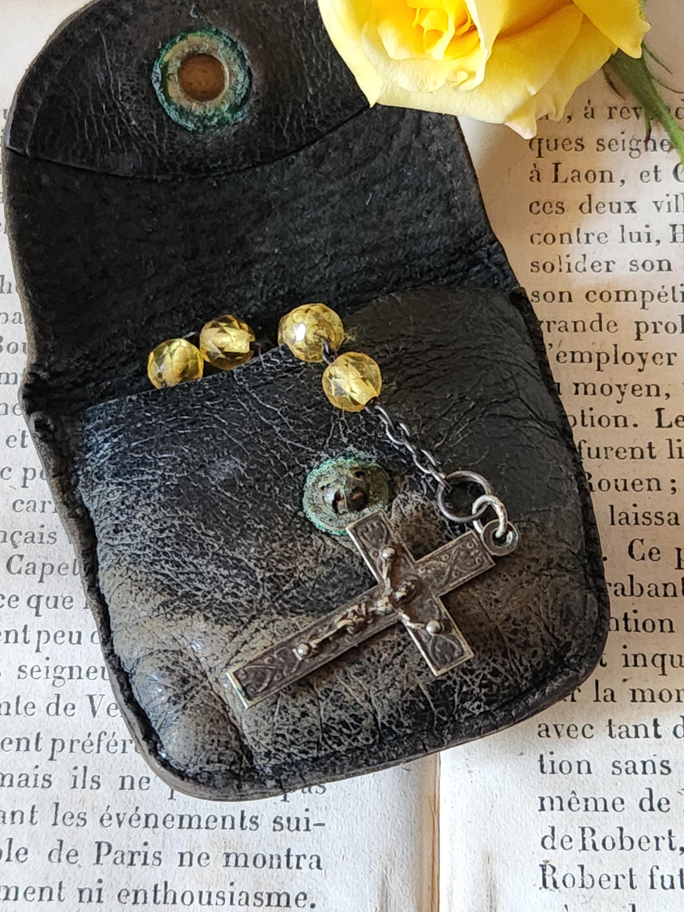 Antique French Lourdes Crucifix Rosary Yellow Glass Prayer Beads