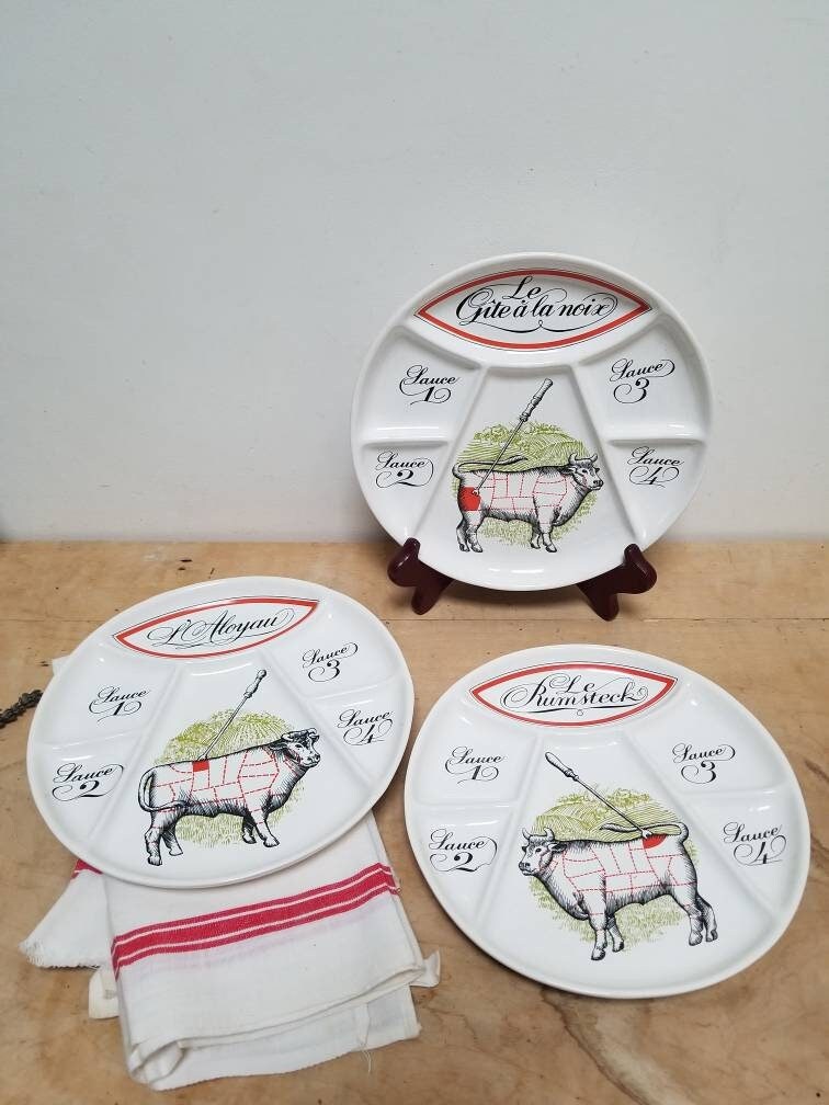 Millésime Français 3 Porcelaine et Faïence d'auteuil Bourguignonne Assiettes à Fondue Segments de Bœ