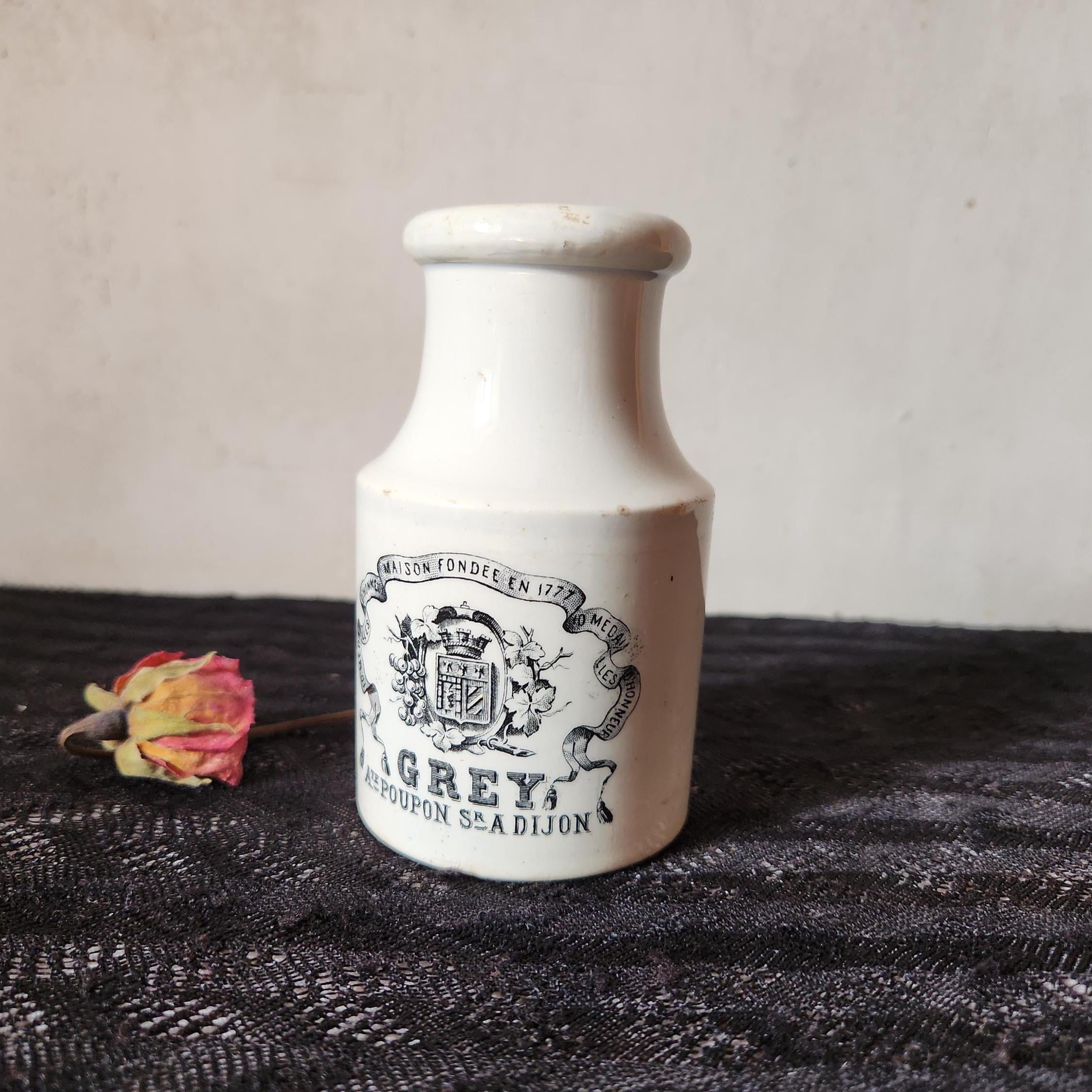 Antique 1900s French Grey-Poupon Dijon Mustard Pot Creil & Montereau Ironstone