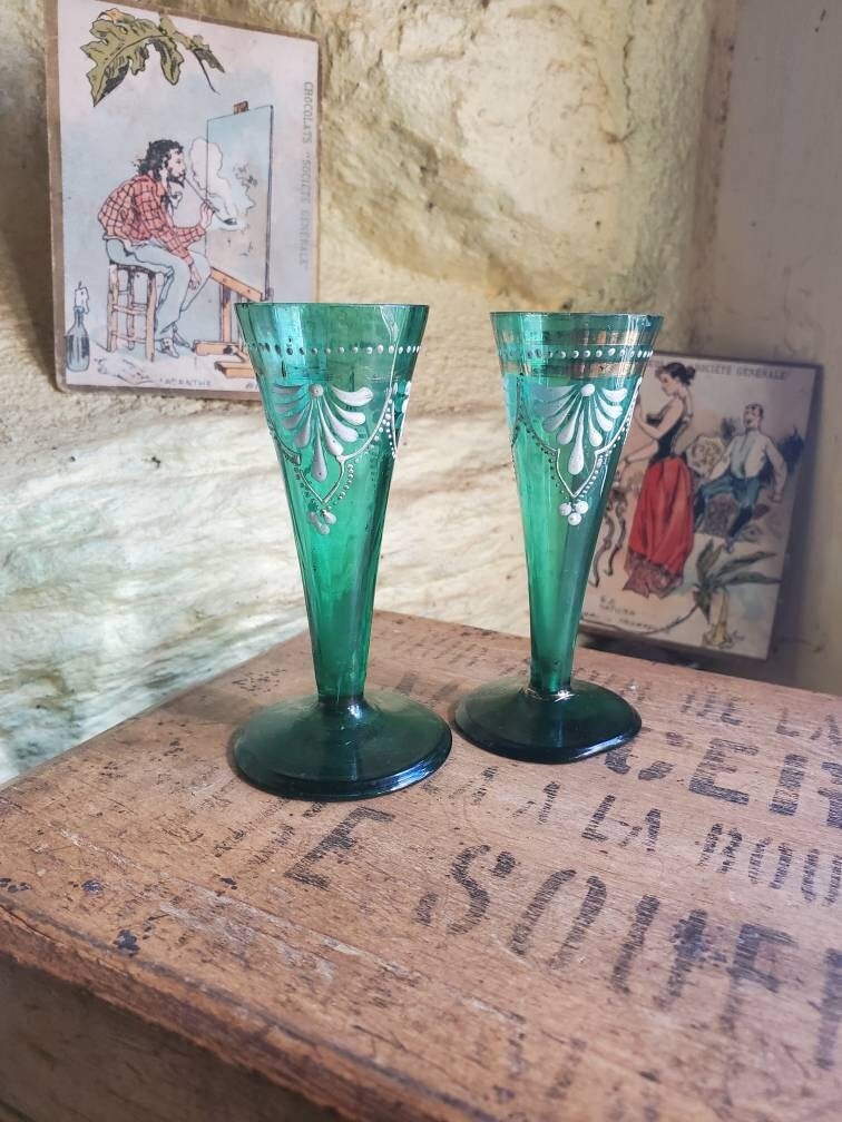 Antique French 2x Green Glasses With White Enamel Design. 1900s Liqueur Stem Glass. Antique Green Vodka Glasses