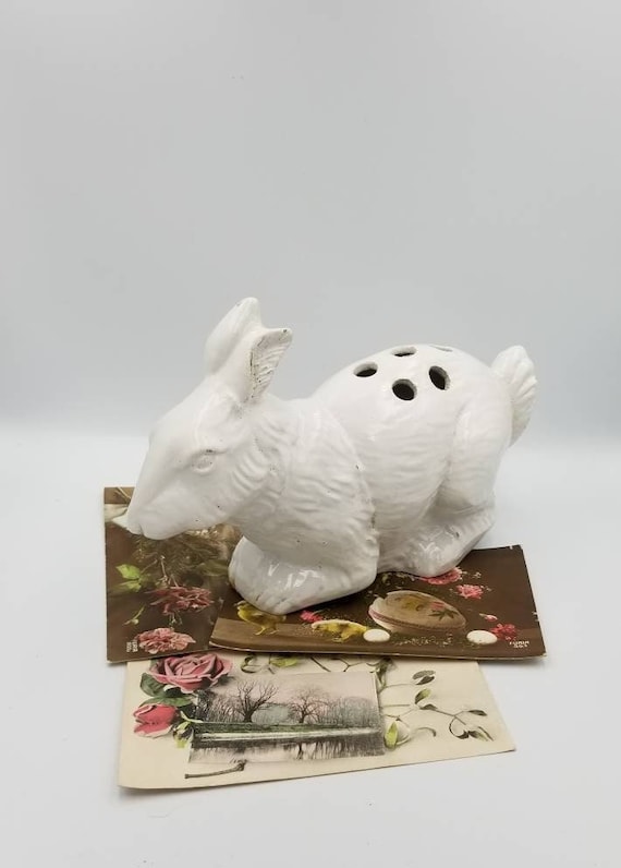 Vintage Italian Bassano White Ceramic Rabbit Flower Frog