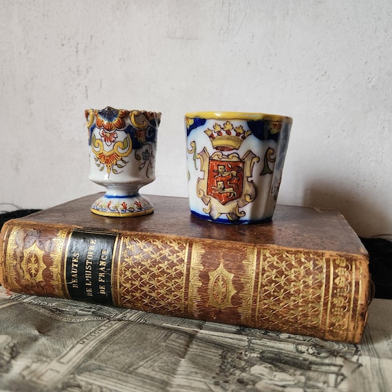 Antique French Faience Cup & Goblet Set: Rouen Coat of Arms