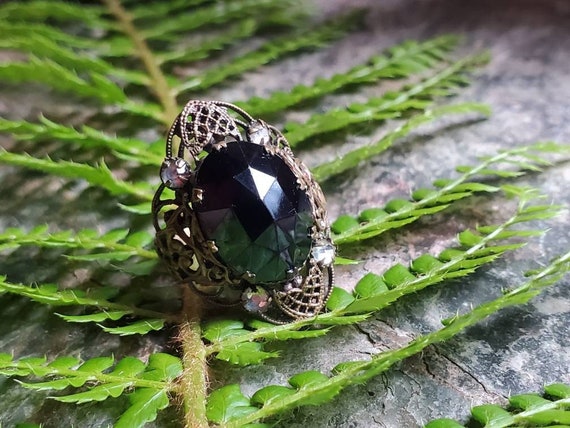 Antique 1910s Filigree Ring With Faceted Black Gl… - image 1