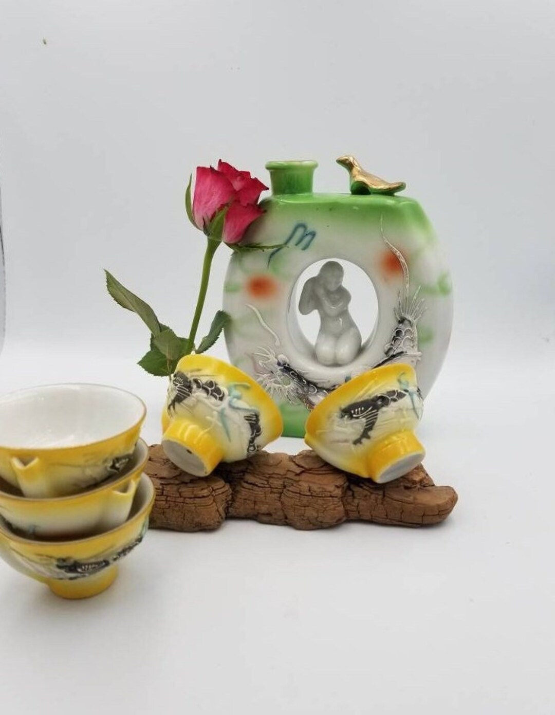 Vintage Kutani Sake Set Japanese Porcelain Handpainted Moriage