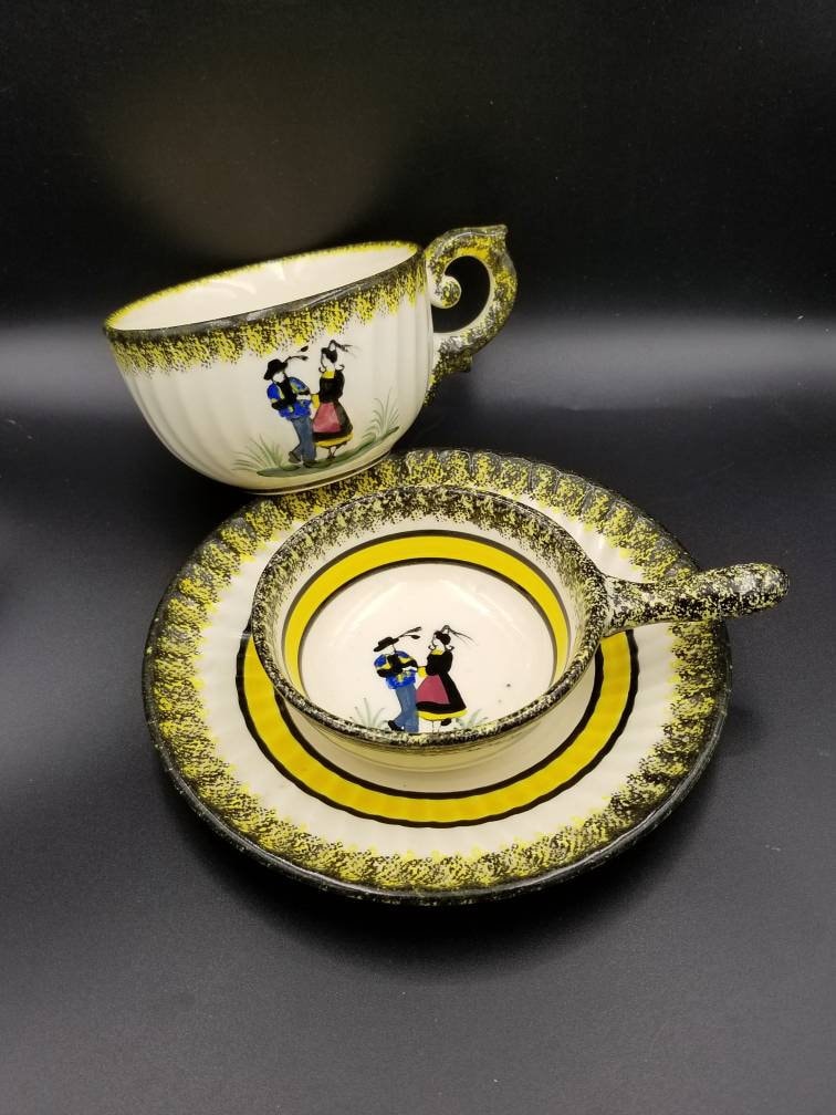 Vintage Français Quimper Tasse et Soucoupe Peintes à La Main Bol Assorti Costume Traditionnel Breton