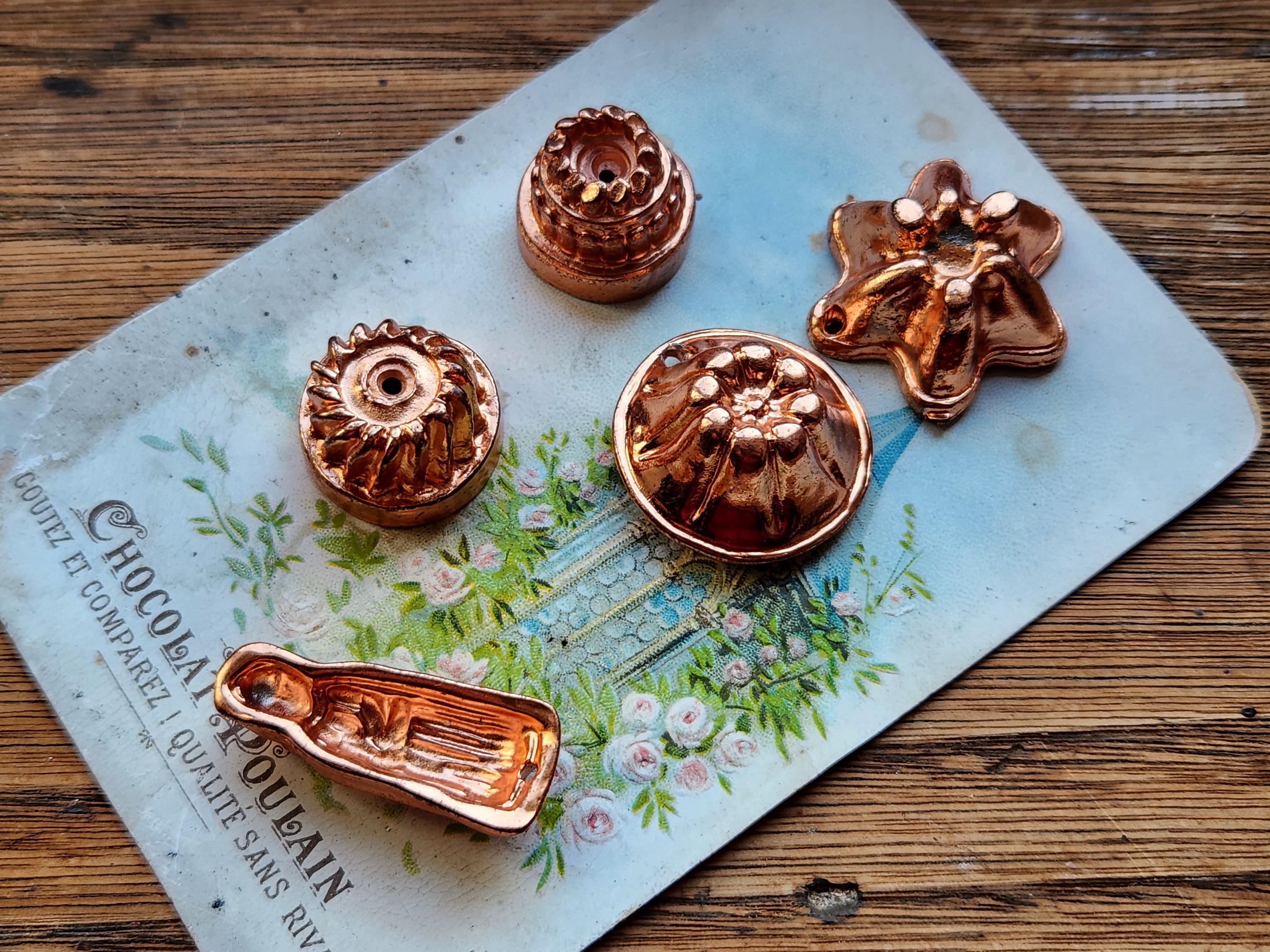 Vintage Set of 5x Alcara Tiny Copper Metal Cake Mould Feves