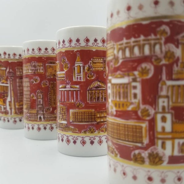 Vintage Wallendorf 'W 1764' 1960er Jahre Set von 4 Tassen Ost-Berliner Stadtansicht. Schwer zu findende Porzellan Tassen. Demi-Tasse Tassen.