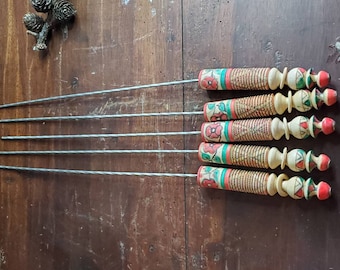Vintage Hand Painted Wooden Kebab Skewers - Set of 5 Floral BBQ Prongs