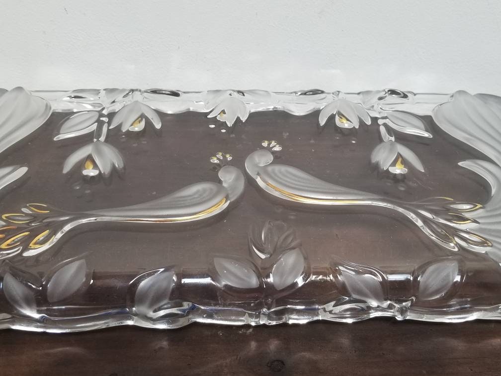 Vintage Small Rectangular Crystal Glass Tray With Frosted