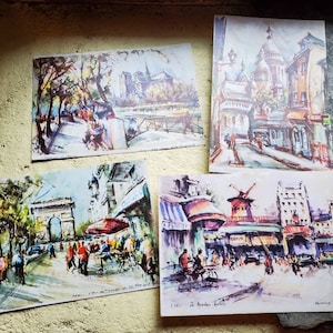 vintage Français Ensemble de 4 photos de cartes postales des monuments de Paris par Marius Girard. Notre Dame. Sacré Coeur. Moulin Rouge. Arc de Triomphe.