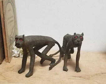 Vintage Bronze Macaque Pair of Statuettes. Bronze Monkey Figures with Red Eyes. Animal Statue