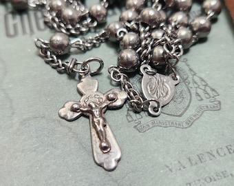 Vintage French Lourdes Rosary: Silver Metal Beads, Souvenir