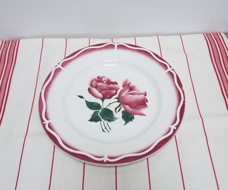 Vintage Français Digoin Sarreguemines Ironstone 1 Les Roses Assiette ou Dark Dusky Pink Roses. Plaqu
