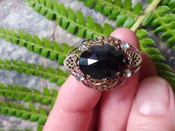 Antique 1910s Filigree Ring With Faceted Black Gl… - image 3