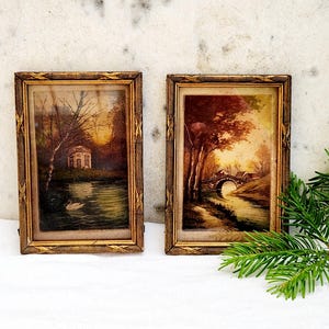 Antique Wall Art x2 Small Framed 1900s Signed Moody Nature Scenes