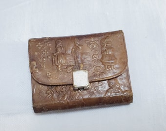 Antique Embossed Leather Purse and Manicure Kit With Button