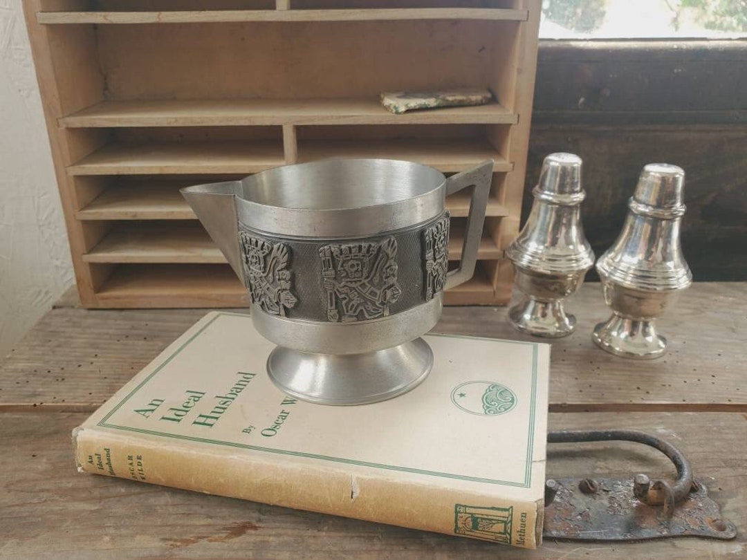 Vintage Bolivia Schohaus Small Pewter Jug With Inca Aztec Figures