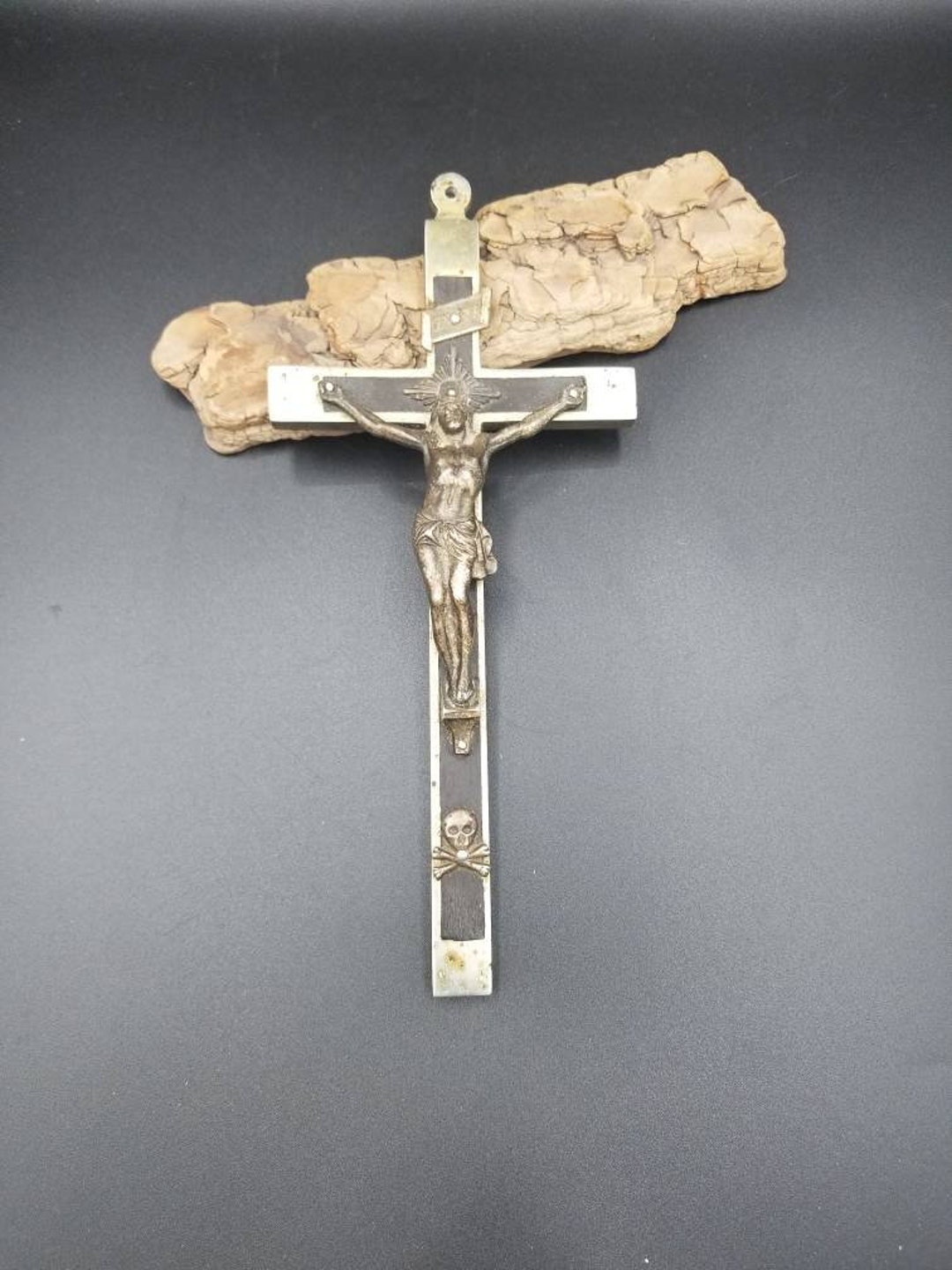 Vintage French Pectoral Crucifix in Silver Metal and Ebony With