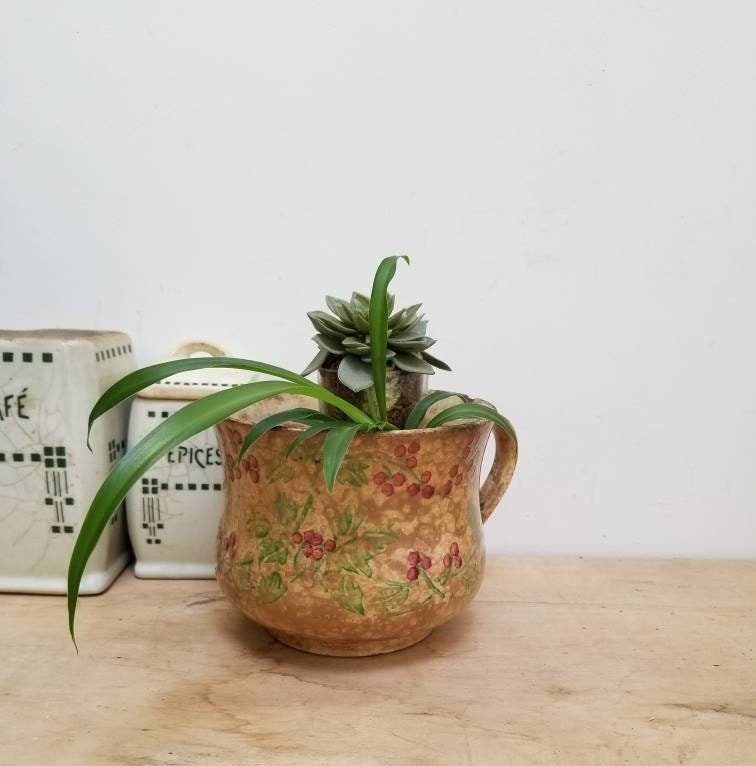 Antique Français 1870+ Digoin Sarreguemines Bol avec Poignée. Très Rustique. Jardinière Shabby Chic.