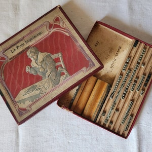 Antico set di inchiostro per stampa vittoriana "Le Petit Imprimeur" nella scatola originale. Set di inchiostro per scrapbooking.