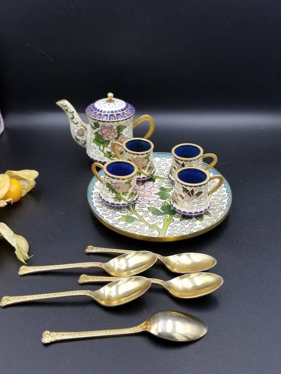 Vintage Chinese Cloisonne Small Toy or Decorative Tea Set Enamel Painted  Brass With Four Tea Cups, Spoons, Plate and Tea Pot With Pink Rose. 