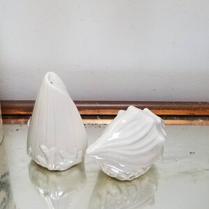 May include: A set of two white ceramic salt and pepper shakers shaped like seashells. The shakers are sitting on a mirrored surface.
