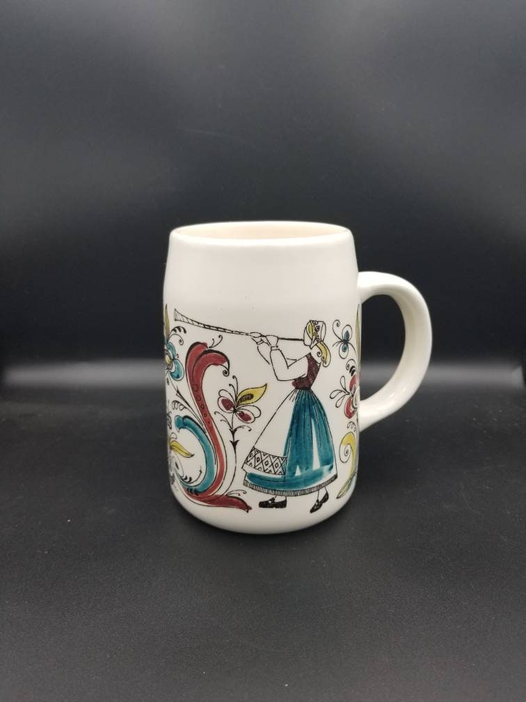 Vintage Norway Hand Painted Stavangerflint Pottery Beer Stein Norwegian Folk Dancing Design.