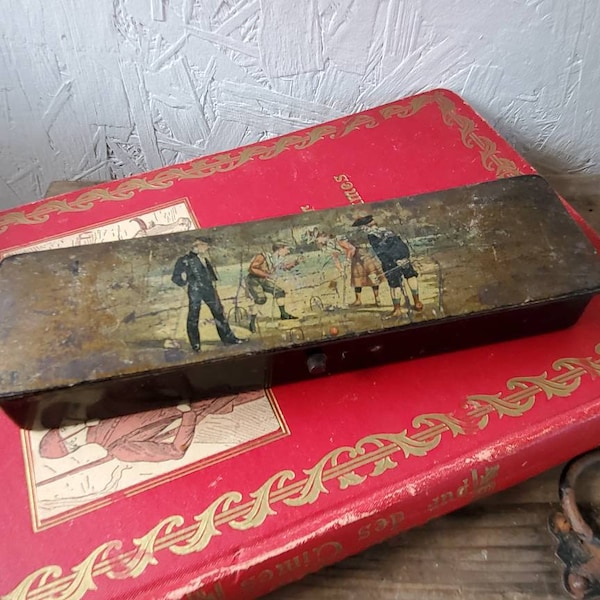 Antique Early 20th Century Black Wooden Lacquered Pencil Box. Antique Vintage French Napoleon III Box. Girls and Boys Playing Croquet.