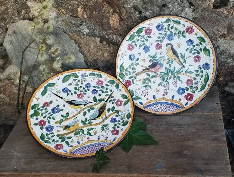 Vintage Décoratif Espagnol Cenamar Plaques Peintes à La Main avec Des Oiseaux Colorés et Détails Flo