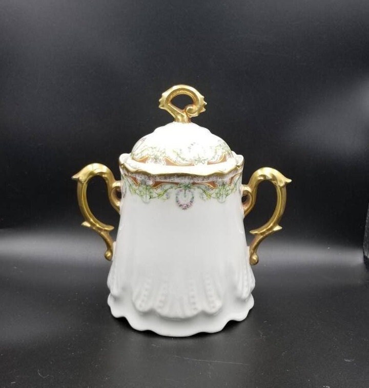 Antique Des Années 1800 Français Sugar Bowl de Limoges avec Couvercle. Bol Victorien