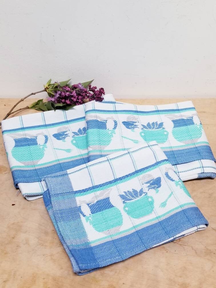 Vintage Français Années 1970 Ensemble de 3 Torchons 100% Coton avec Motif Bleu et Vert Théières