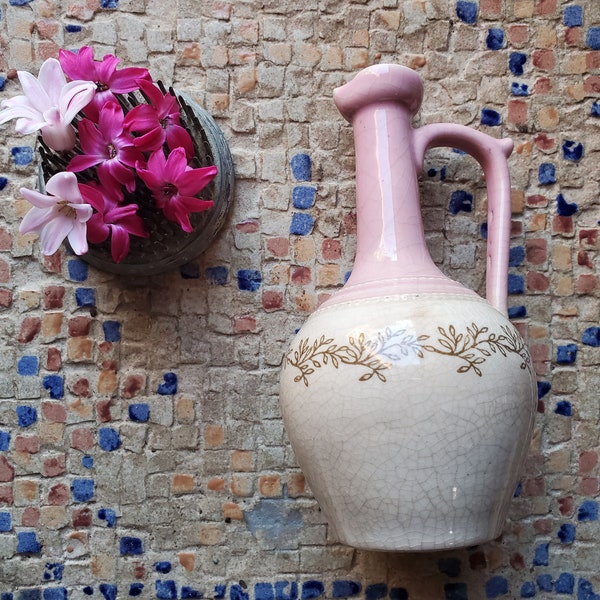 Antique French Small Stoneware Carafe. Small Pink & Floral Ironstone Ewer.