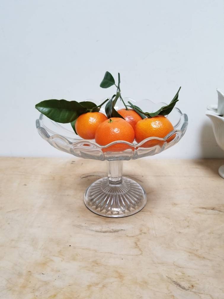 Vintage Français Compotier Fruit Bowl Centre Piece in Clear Pressed Glass Mid Century Modern Design 