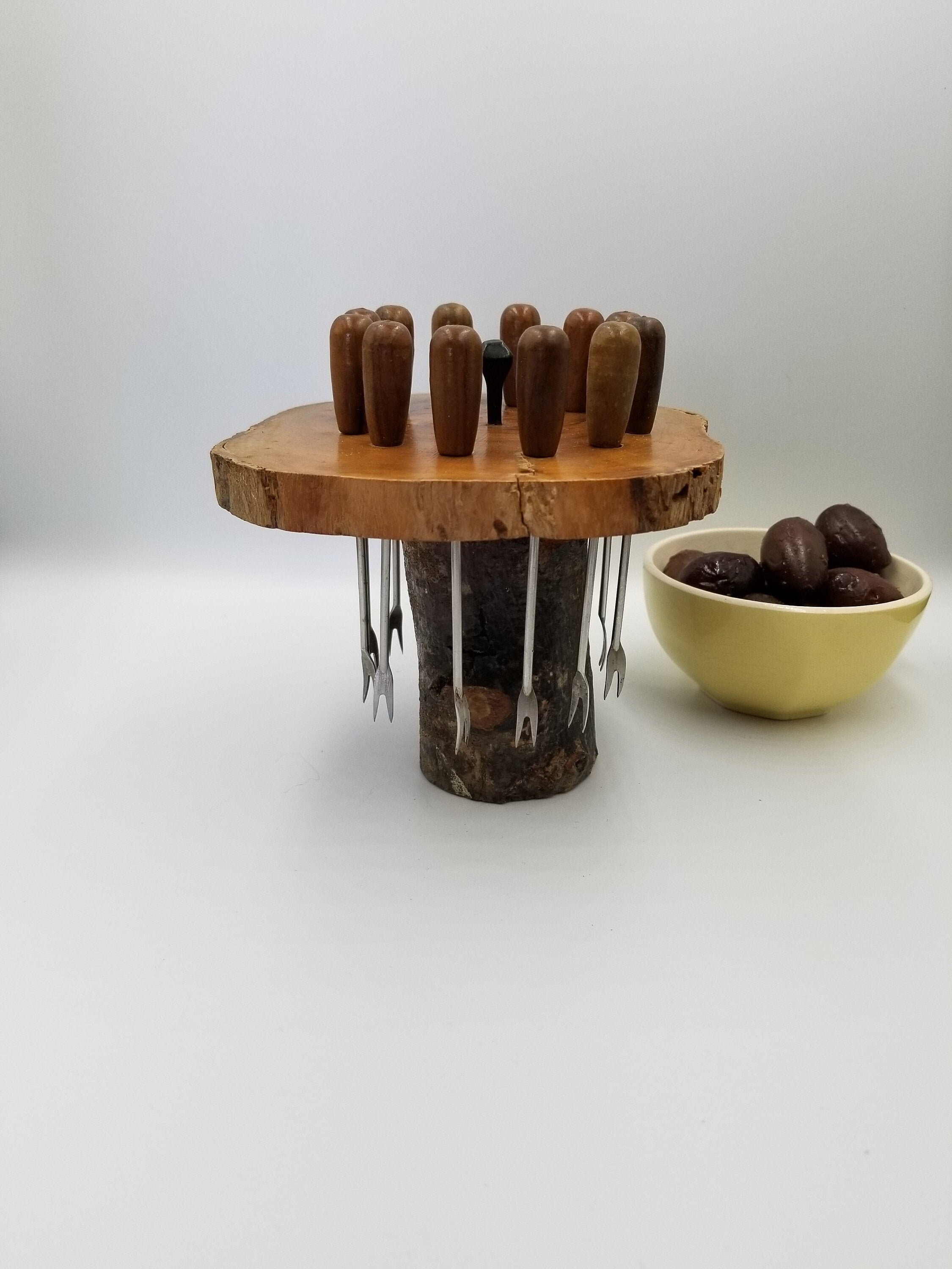 Vintage Français Porte-Fourchette à Cocktail Tree Branch. Fourchettes d'apéritif en Bois. Champignon