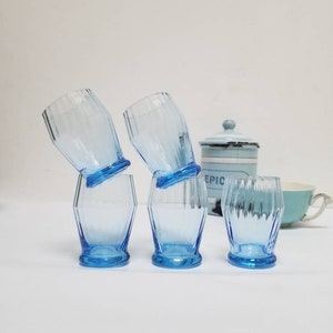 Vintage French Blue Ribbed Liqueur Glasses, Set of 5